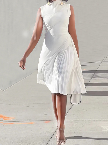 Regular Fit Stand Collar Sleeveless Plain Elegant Skirt Dress, White, Mini Dresses