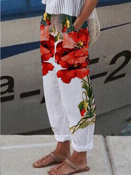Linen Poppy Flower Loose Pants, Red, Pants