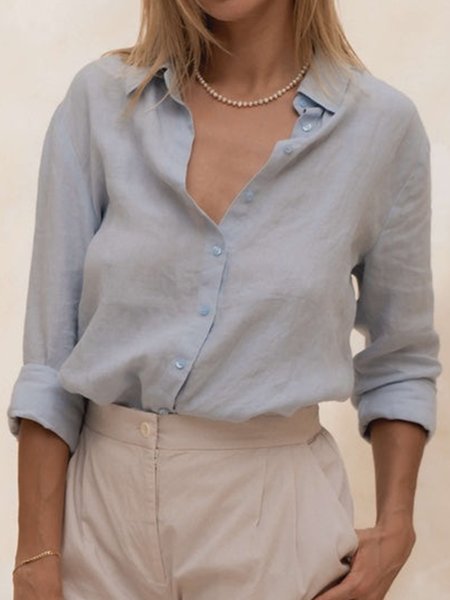 Plain Shirt Collar Simple Blouse, Light blue, Blouses & Shirts