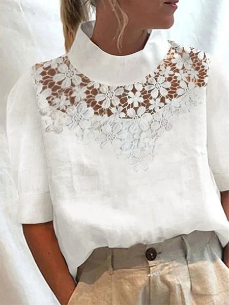 Lace Half Turtleneck Plain Casual Shirt, White, Tees & T-shirts