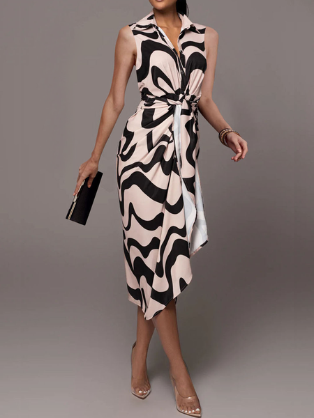 Shirt Collar Regular Fit Sleeveless Abstract Elegant Midi Dress, Apricot, Midi Dresses