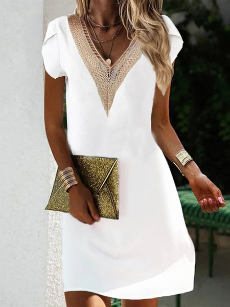 Plain V Neck Simple Lace Dress, White, Dresses