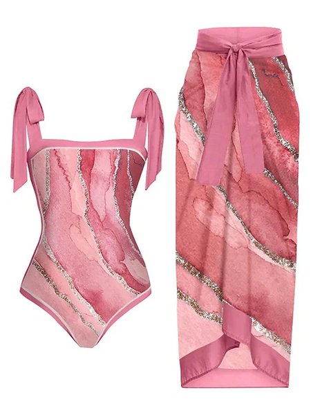 Vacation Abstract Square Neck Printing One Piece With Cover Up, Pink, One-Pieces