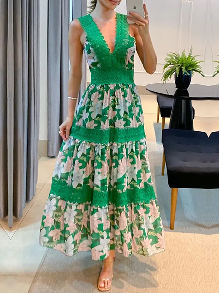 Loose Lightweight V neck Sleeveless Vacation Long Dress, Green, Maxi Dresses