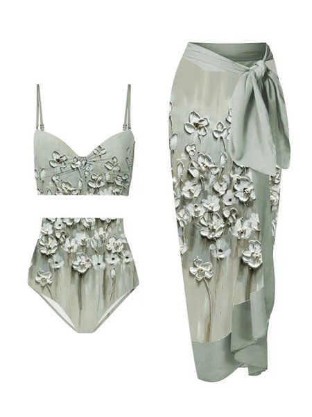 Printing Elegant Floral V Neck Bikini With Cover Up, Green, Bikini Sets