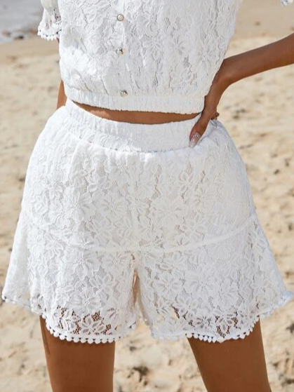 Lace Plain Loose Casual Shorts, White, Shorts