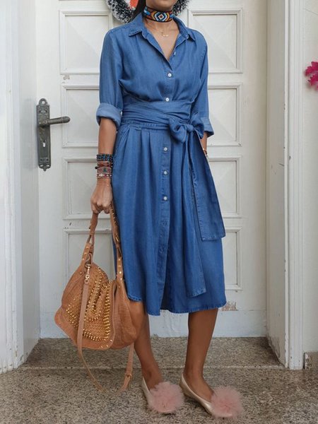 Long sleeve Casual Denim Plain Loose Dress, Blue, Midi Dresses