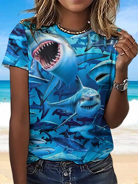 Women's Funny Cute Shark Print Casual T-Shirt, Blue, T-shirts