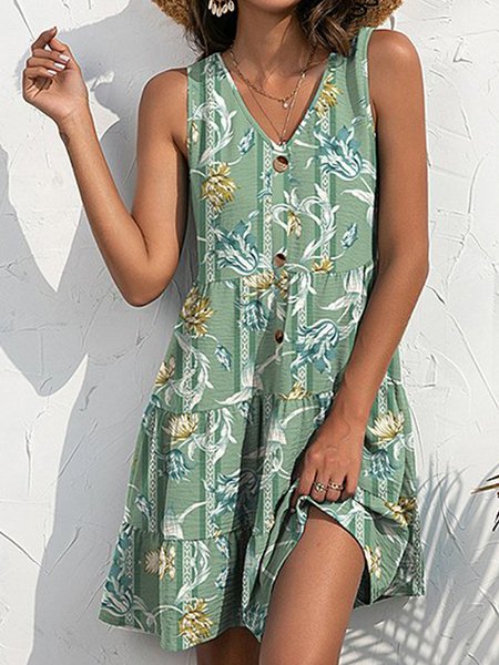 Vacation Floral Flouncing V Neck Dress, Green, Dresses