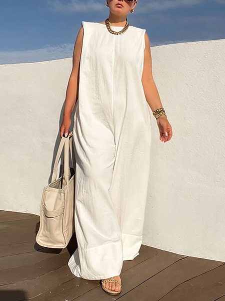 Casual Oversize Crew Neck Sleeveless Jumpsuit, White, Jumpsuits