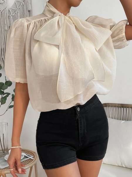 Short sleeve Regular Fit Plain Elegant Others Shirt, Apricot, Blouses and Shirts