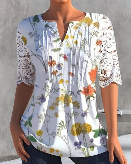 Lace Sleeve Floral Loose Casual Notched Shirt, White, Shirts & Blouses
Lace Sleeve Floral Loose Casual Notched Shirt, White, Shirts & Blouses