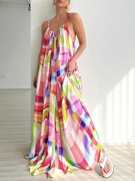 Geometric Loose Vacation V Neck Gallus Dress, Multicolor, Maxi Dresses