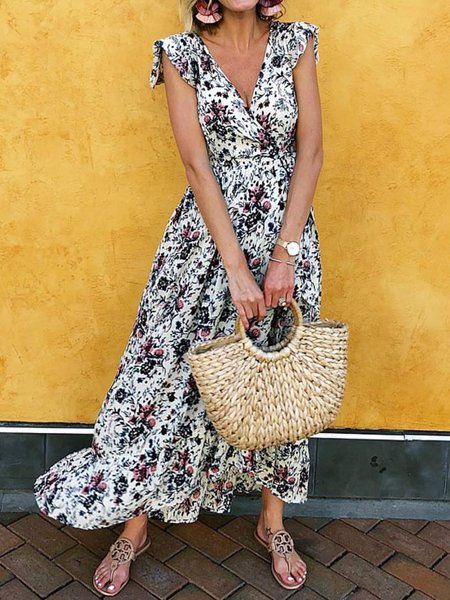 Floral Casual Elastic Band Dress, Black, Dresses