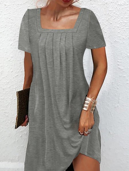 Knitted Square Neck Casual Loose Summer Dress, Gray, Dresses