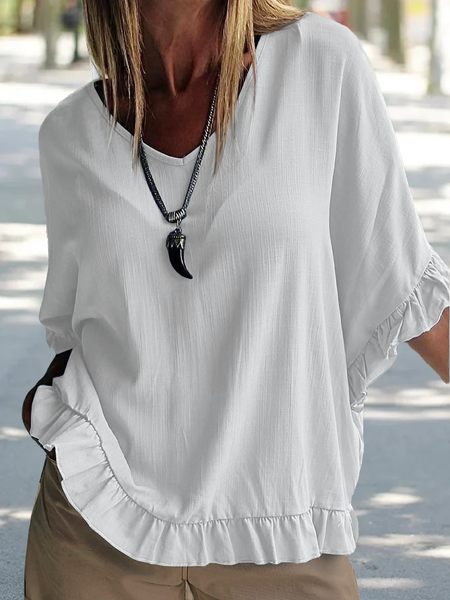 

Women V Neck Loose Ruffle Hem Half sleeve White Cotton And Linen Tunic Top, Tunics
