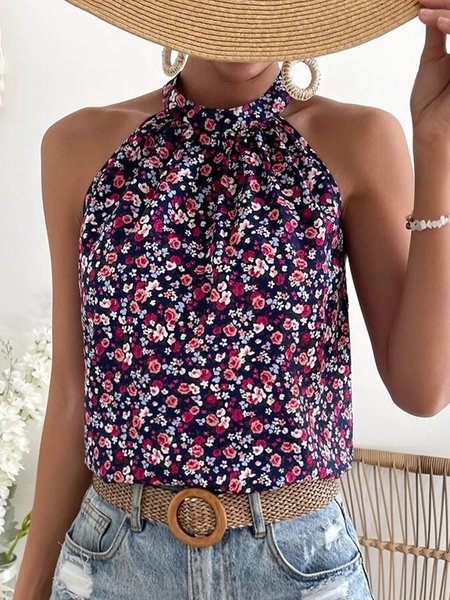 Regular Fit Halter Floral Vacation Tank Top, Purple red, Tanks & Camis