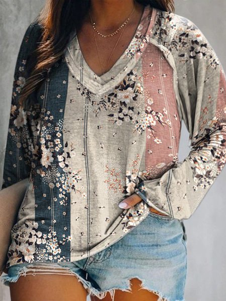 Plus Size Long sleeve V Neck Floral Casual T-Shirt, Light camel, T-Shirts