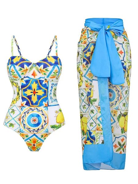 

Vacation Abstract Printing Notched One Piece With Cover Up, Blue, swimwear>>One-Pieces
