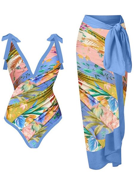 Vacation Abstract Printing V Neck One Piece With Cover Up, Blue, Coverups