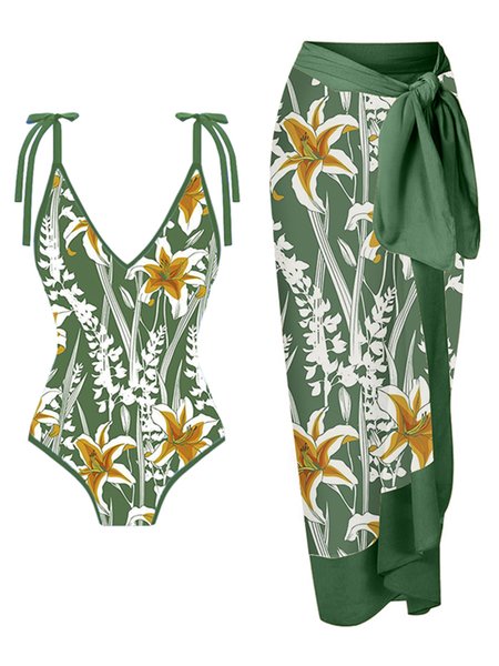 Vacation Floral Printing V Neck One Piece With Cover Up, Green, swimwear>>One-Pieces
Vacation Floral Printing V Neck One Piece With Cover Up, Green, swimwear>>One-Pieces