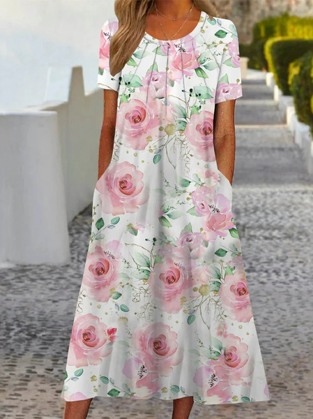 Floral Crew Neck Vacation Loose Dress, White, Dresses