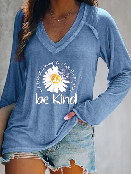 Casual V neck Long Sleeve Printed T-shirt, Blue, T-Shirts