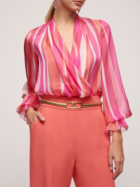 Loose Striped Vacation V Neck Blouse, Pink, Blouses and Shirts