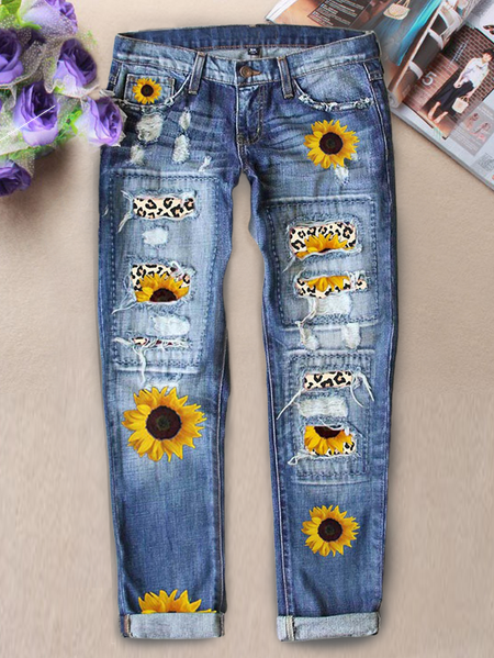 Women's Sunflower Hole Patch Fifth Pants Denim Jeans, Blue, Jeans