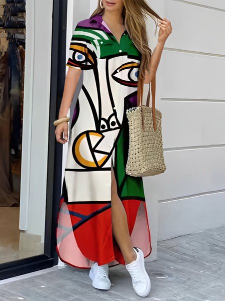 Abstract Shirt Collar Casual Loose Maxi Dress, Multicolor, Maxi Dresses