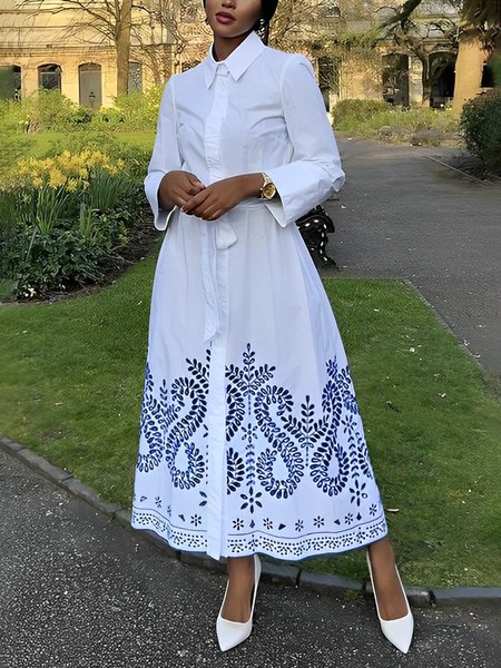 Shirt Collar Regular Fit Elegant Dress, White, Maxi Dresses