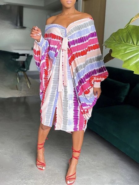 Long sleeve Striped Elegant Shirt Collar Dress, Pink, Maxi Dresses