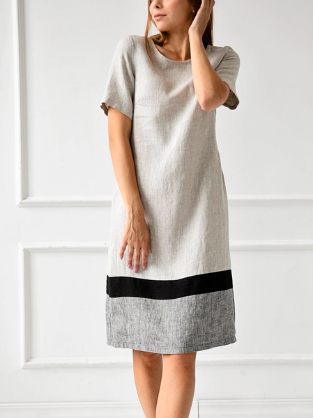 Crew Neck Cotton Loose Casual Dress, Gray, Dresses
