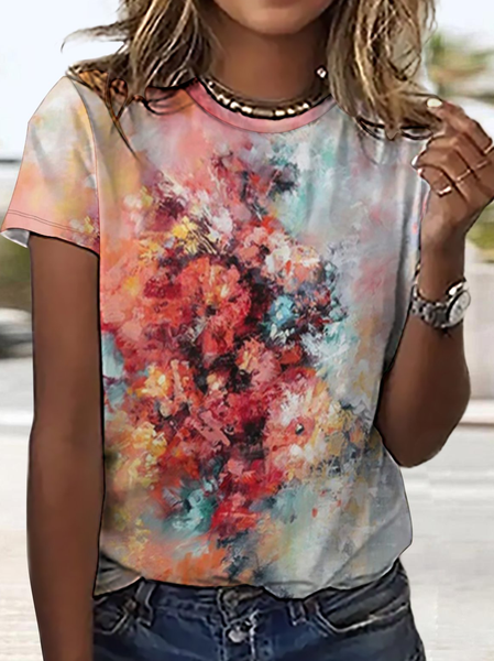 Women‘s Crew Neck Floral Loose Simple T-Shirt, Red, T-shirts