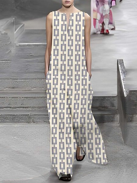 Urban V Neck Chain Print Pockets Loose Jumpsuit, Off white, Jumpsuits