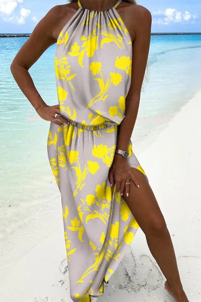 Casual Loose Floral Halter Summer Dress, Yellow, Dresses