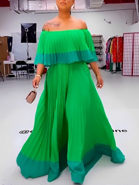 Vacation Loose Color Block Maxi Dress, Green, Maxi Dresses
