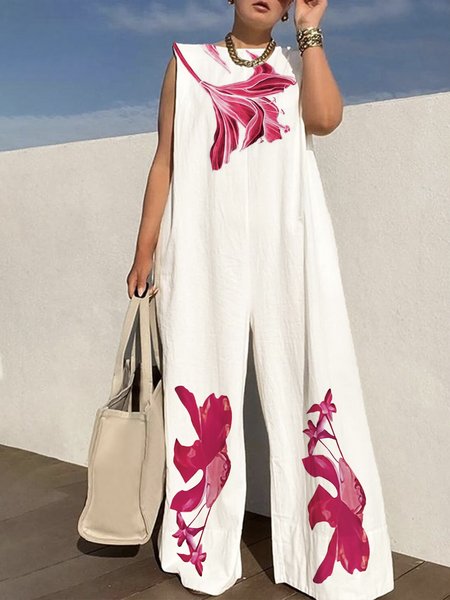 White Daily Loose Floral Casual Jumpsuit, Jumpsuits