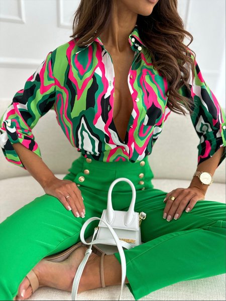 Plus Size Abstract Shirt Collar Urban Blouse, Green, Plus Tops