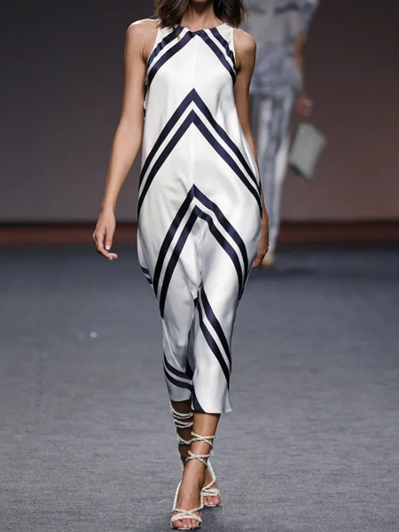 Crew Neck Casual Color Block Dress, Black-white, Midi Dresses
