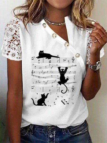Cat Lace Short Sleeve Buckle Asymmetrical Collar Casual Shirt, White, Shirts & Blouses
Cat Lace Short Sleeve Buckle Asymmetrical Collar Casual Shirt, White, Shirts & Blouses