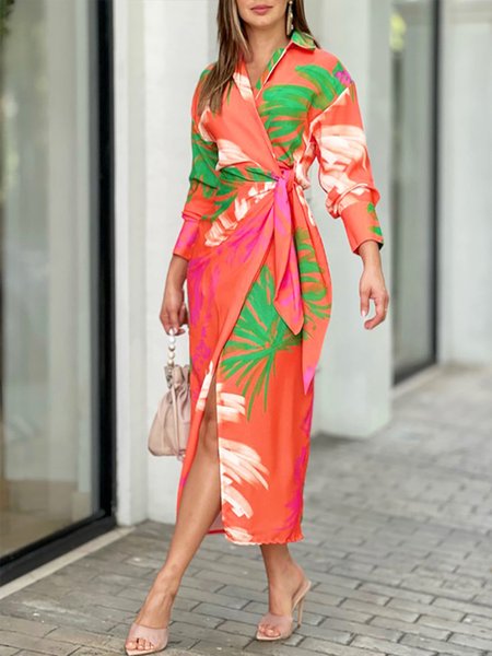 Plus Size Shirt Collar Regular Fit Vacation Floral Dress, Orange, Dresses