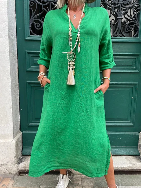 Women Casual Pockets V Neck 3/4 Sleeve Loose Green Cotton and Linen Split Maxi Dress, Maxi Dresses
Women Casual Pockets V Neck 3/4 Sleeve Loose Green Cotton and Linen Split Maxi Dress, Maxi Dresses