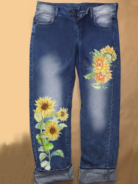 

Womens Sunflower Butterfly Casual Printed Jeans, Blue, Jeans