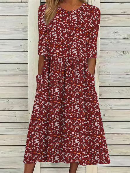 Vacation Loose Floral Crew Neck Dress, Red, Dresses