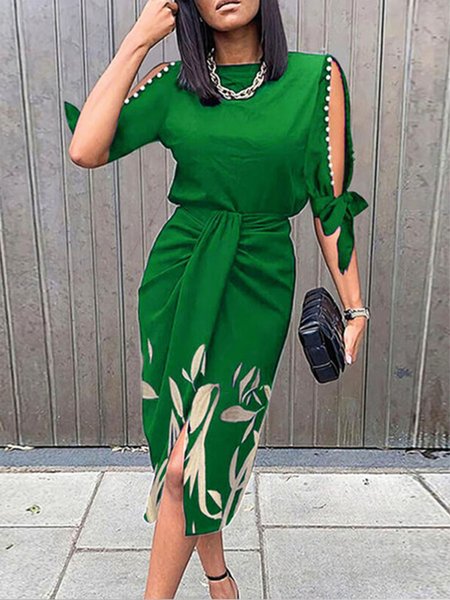 Plus Size Regular Fit Crew Neck Floral Vacation Dress, Green, Plus Dresses