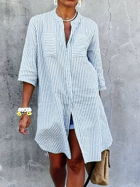 Cotton And Linen Linen Buttoned Dress, Blue, Mini Dresses