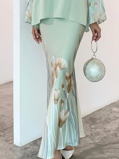 Women's Elegant Loose Floral Skirt, Aqua, Skirts