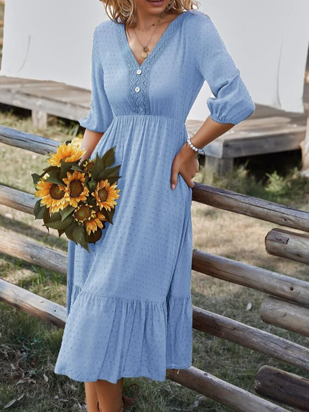 Casual Floral Loose Chiffon Dot Lace Detail Fake Button Lantern Sleeve Ruffle Hem Dress, Blue, Dresses 
Casual Floral Loose Chiffon Dot Lace Detail Fake Button Lantern Sleeve Ruffle Hem Dress, Blue, Dresses
