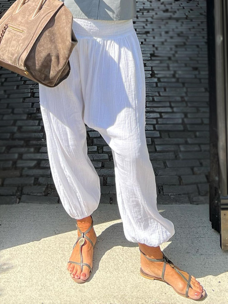 Plain Loose Linen Cotton And Linen Pants, White, Pants
